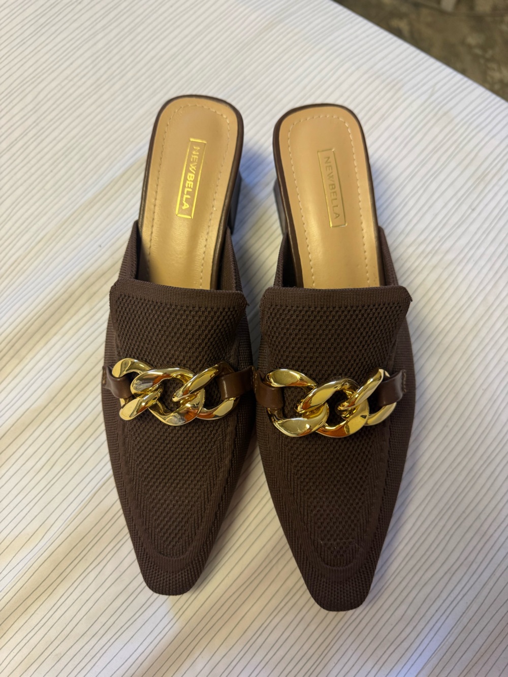 NEWBELLA Brown Chain-Detail Slip-On Mules flats